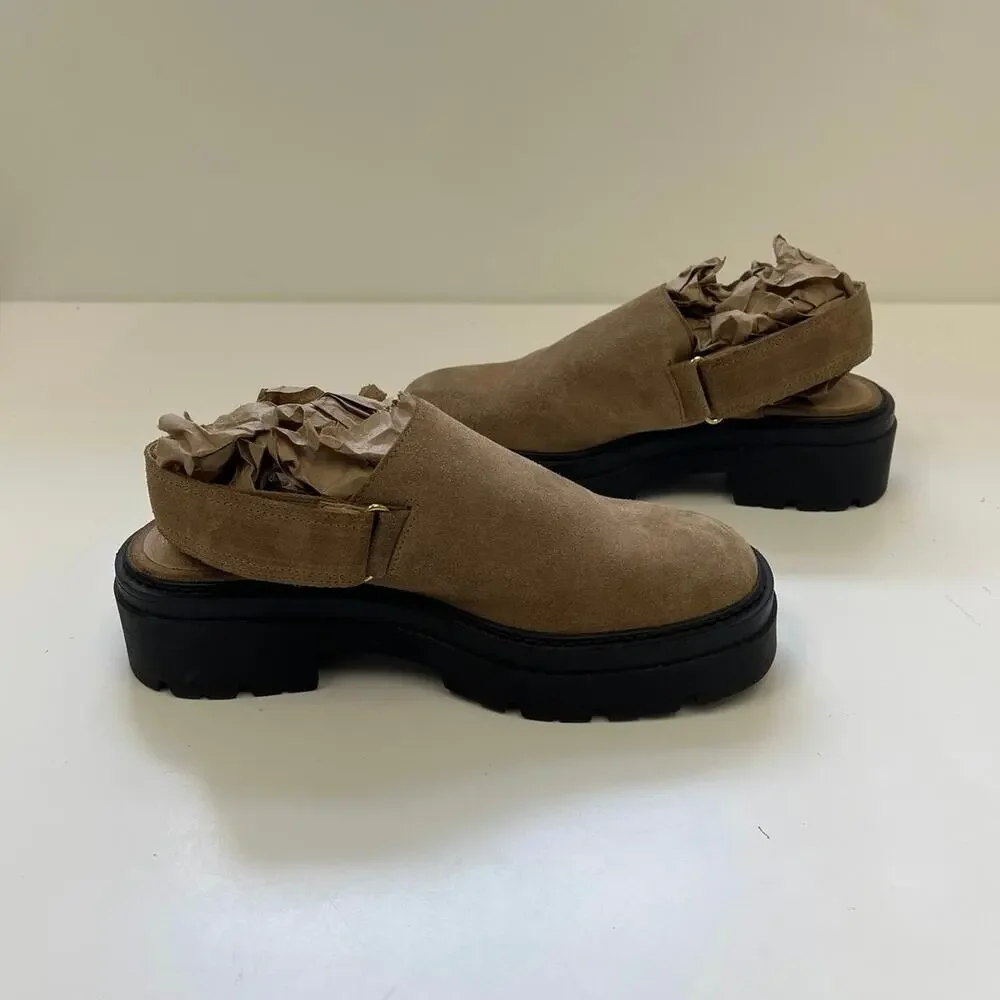 Free People Milo Menswear Slingback Chunky Lug Sole Suede Mules Taupe - 37/US7